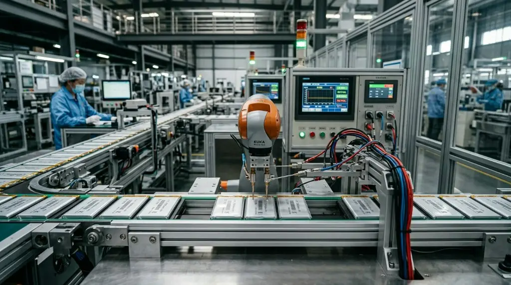 A high-tech automated assembly line in a China Li Polymer battery factory, showing 1000mAh battery cells with professional testing equipment.