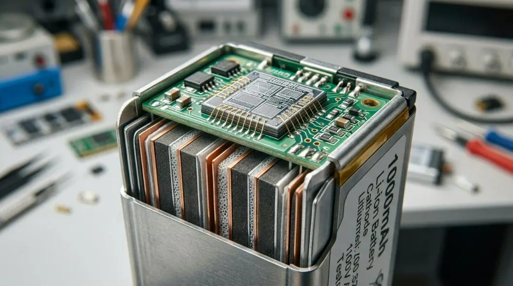 Detailed technical diagram of a 1000mAh battery with internal safety layers and AI management chip.