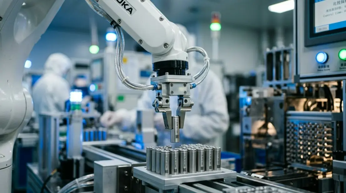 A high-tech automated production line in a Chinese micro-battery factory showing robotic arms assembling tiny 3.7v lithium cells
