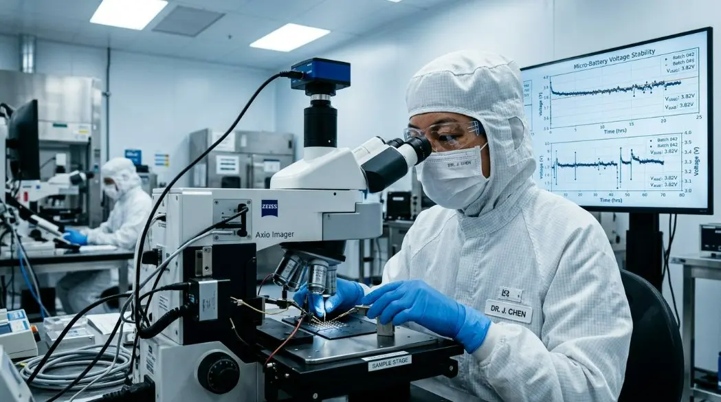 An engineer in a cleanroom environment inspecting micro-batteries under a digital microscope with graphs of voltage stability on the screen