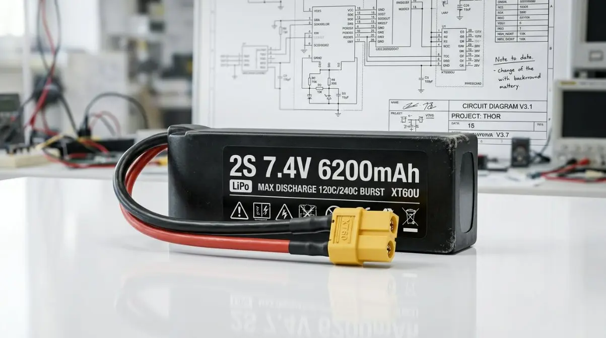 High-tech industrial photograph of a 2s 7.4v 6200mah lipo battery with professional XT60 connectors on a white reflective surface with technical diagrams in background