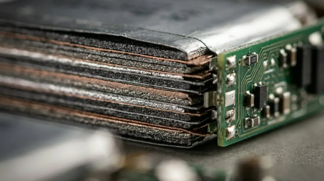 Close-up macro shot of battery internal cell structure showing advanced lithium polymer layers and protective PCB