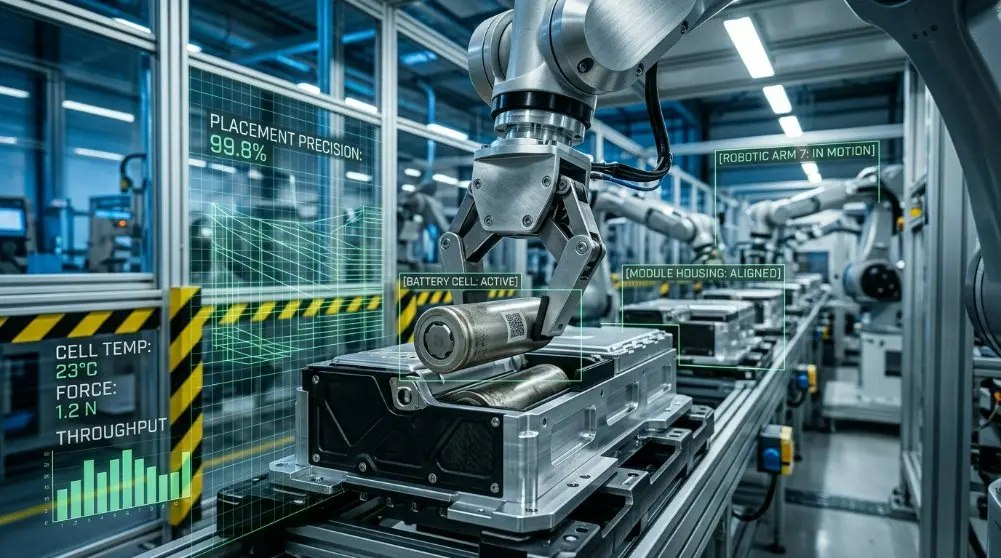 Automated factory assembly line showing robotic arms precisely placing battery cells with AI monitoring overlays