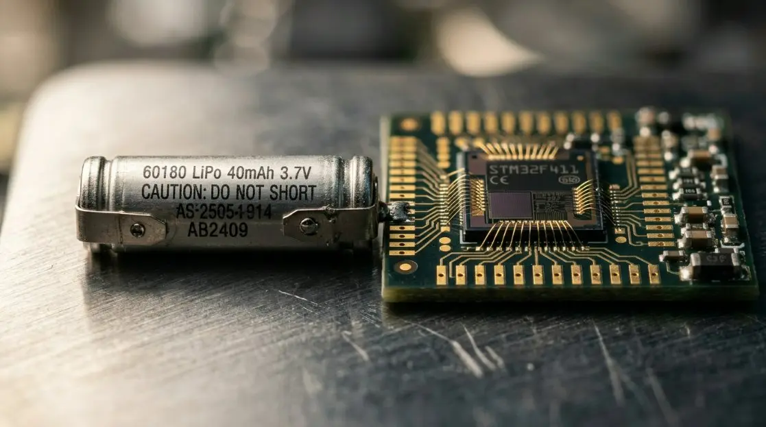 A high-tech macro shot of a 60180 40mAh lithium polymer battery placed next to a microchip on a sleek metallic surface, representing advanced electronics integration.