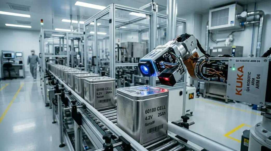 A conceptual 3D render of an automated battery production line in a cleanroom environment, showing 60180 battery cells being inspected by robotic sensors.