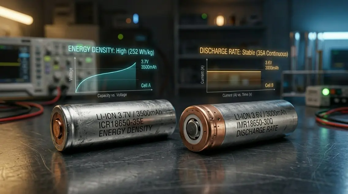 A technical comparison chart visual showing two battery cells side-by-side with digital overlays highlighting differences in energy density and discharge rates.