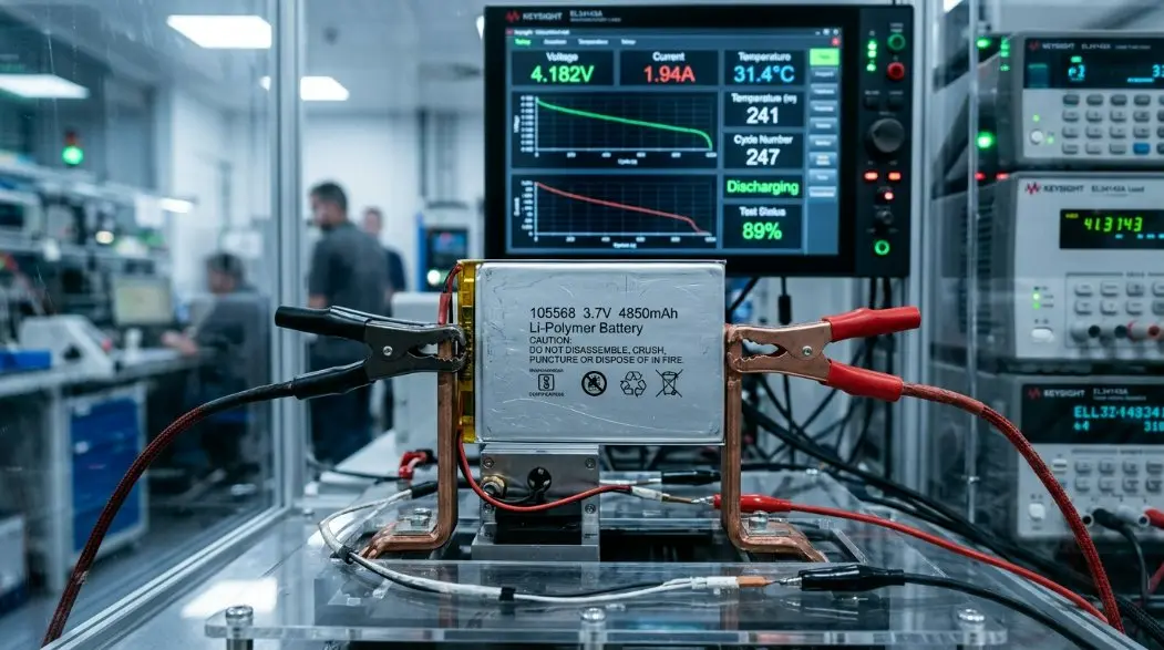 High-tech close-up of a 105568 3.7V 4850mAh lithium polymer battery cell showing clean protective circuitry, premium copper leads, and minimal structural design ready for industrial smart home devices.