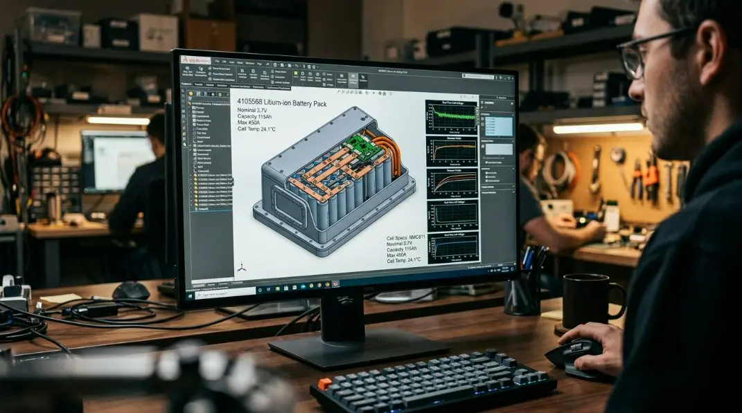 Technical specifications interface displaying 3D CAD modeling of a 4105568 battery pack on a high-resolution engineering workstation display.
