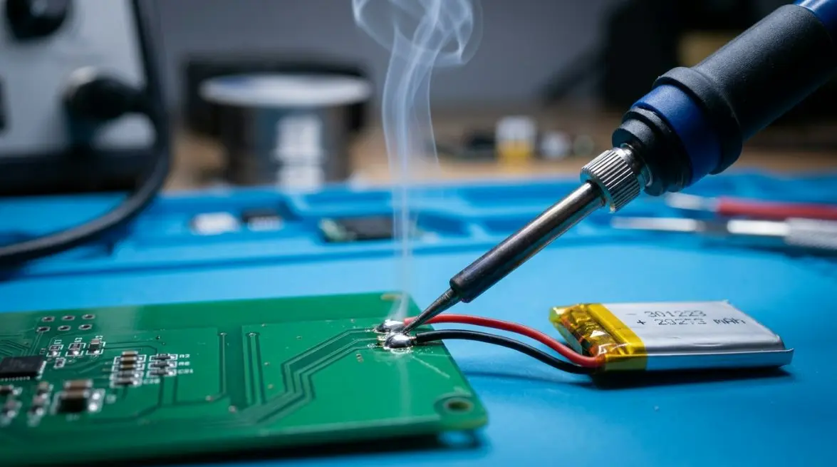 An electronics workstation featuring a precision soldering iron making a point contact on the lead wires of a small 301223 battery connected to a test PCB board.