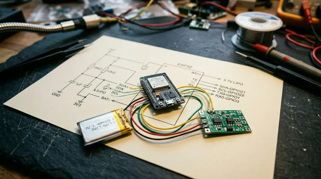 An electrical schematic showing a micro LiPo battery block connected directly to an integrated BMS circuit with labeled communication pathways to an ESP32 chip.